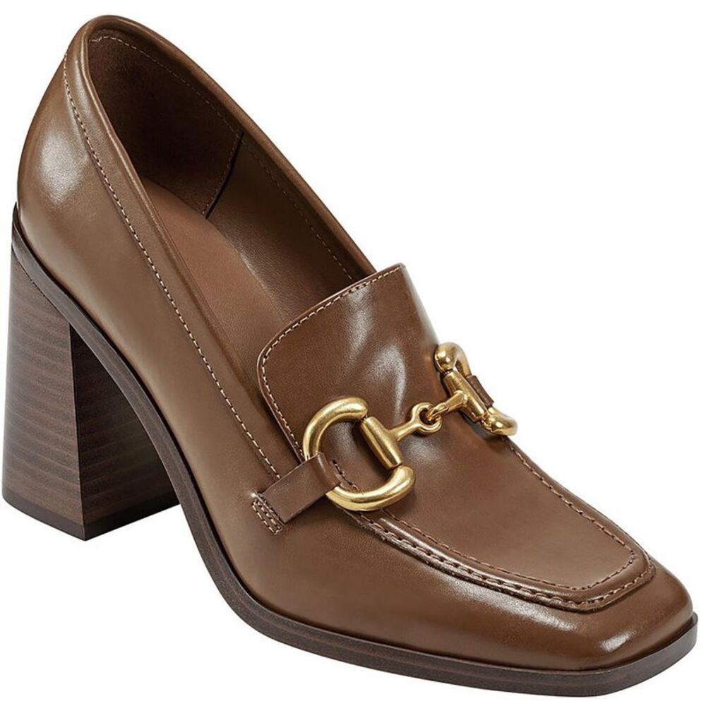 Marc Fisher Womens Harlae Brown Faux Leather Slip-On Loafer Heels Shoes NWT